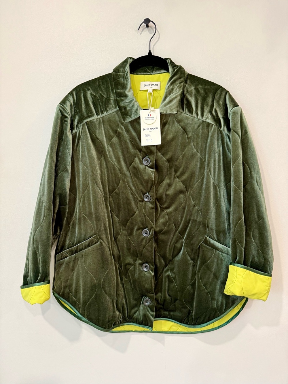 Jane Wood Paris Olive Chartreuse Velvet Quilted Puffer Jacket Shacket NWT